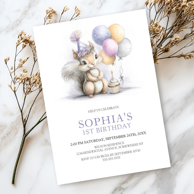 Invitation Fête d'anniversaire du 1er écureuil mignon (Créateur téléchargé)