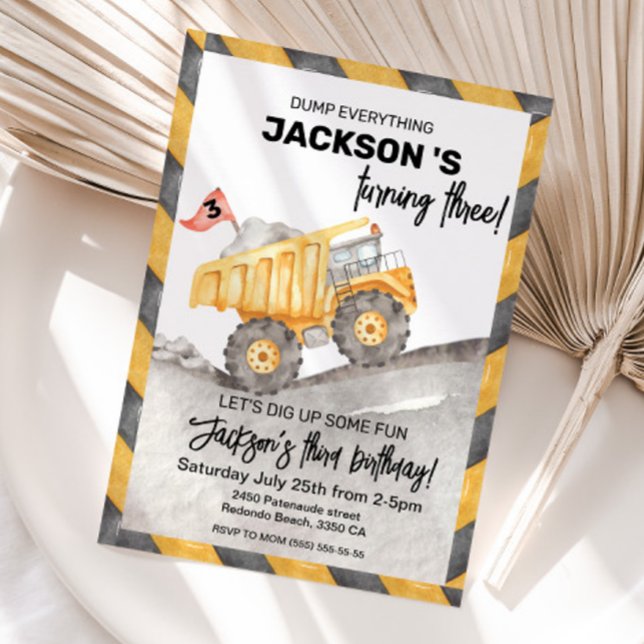 Invitation Fête d'anniversaire du 3e anniversaire Camion à be (Construction Dump truck 3rd birthday invitation)