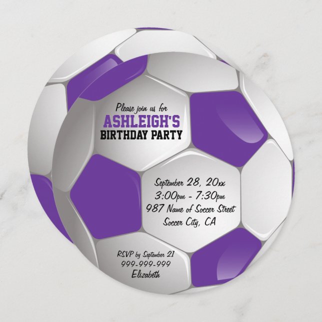 Invitation Fête d'anniversaire du bal de football violet et b (Devant / Derrière)