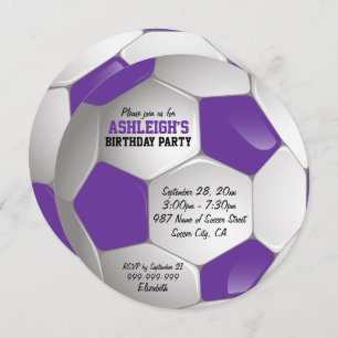 Invitation Fête d'anniversaire du bal de football violet et b