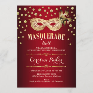 Invitation Fête d'anniversaire du bal de l'or Red Masquerade