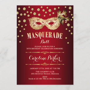 Invitation Fête d'anniversaire du bal de l'or Red Masquerade