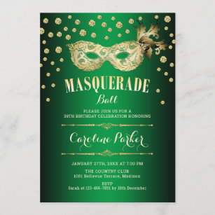 Invitation Fête d'anniversaire du bal de mascarade Gold Green