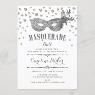 Invitation Fête d'anniversaire du bal Mascarade blanc d'argen