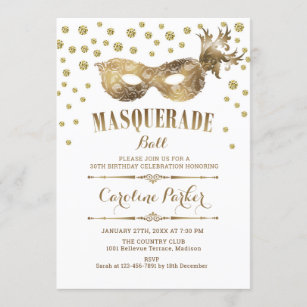 Invitation Fête d'anniversaire du bal mascarade blanc d'or