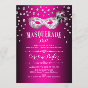 Invitation Fête d'anniversaire du bal mascarade rose d'argent