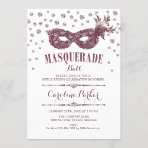 Invitation Fête d'anniversaire du bal mascarade rose mauve bl