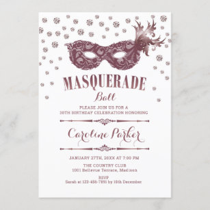 Invitation Fête d'anniversaire du bal mascarade rose mauve bl