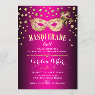 Invitation Fête d'anniversaire du bal mascarade rose or