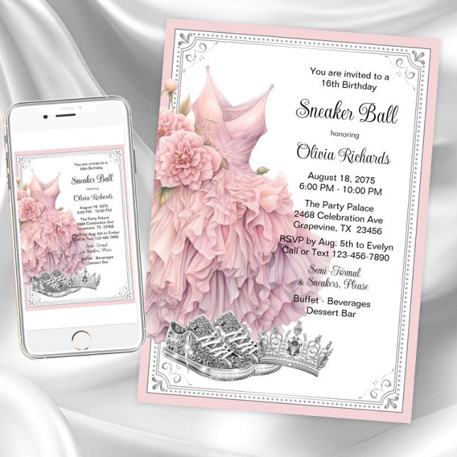 Invitation Fête d'anniversaire du Basket de bal en argent ros (Pink silver sneaker ball invitation. Instant download and printed invitations available.)