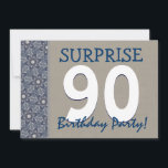 Invitation Fête d'anniversaire du Blue and Sand Modern 90th S<br><div class="desc">Ce 90e anniversaire surprise fait partie de la collection d'invitations d'anniversaire de la Motif géométrique de couleur bleue et de sable surprise. Cette conception est actuellement présentée sur un papier recyclé. Je recommande aussi le papier métallique dans l'étouffement de glace pour un brillant et brillant élégant. Cliquez sur le lien...</div>