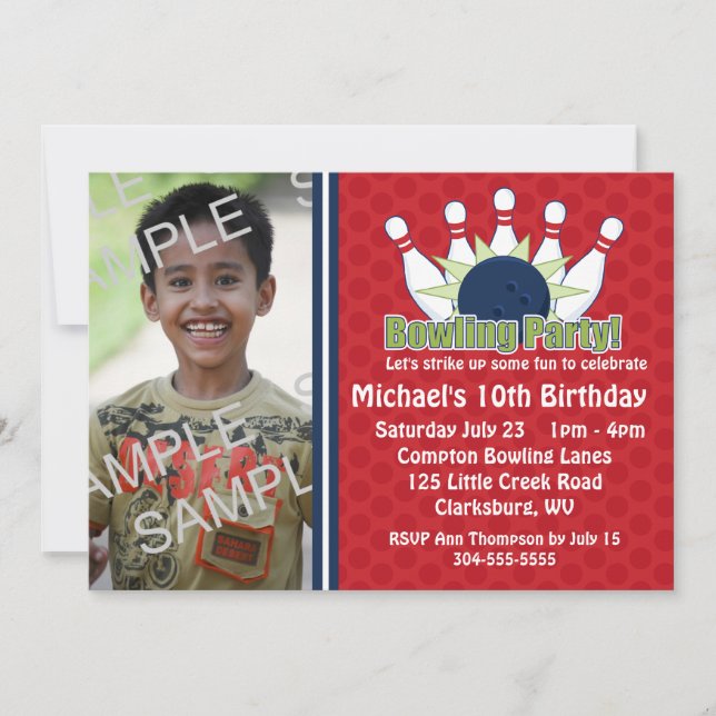 Invitation Fête d'anniversaire du bowling photo personnalisé (Devant)