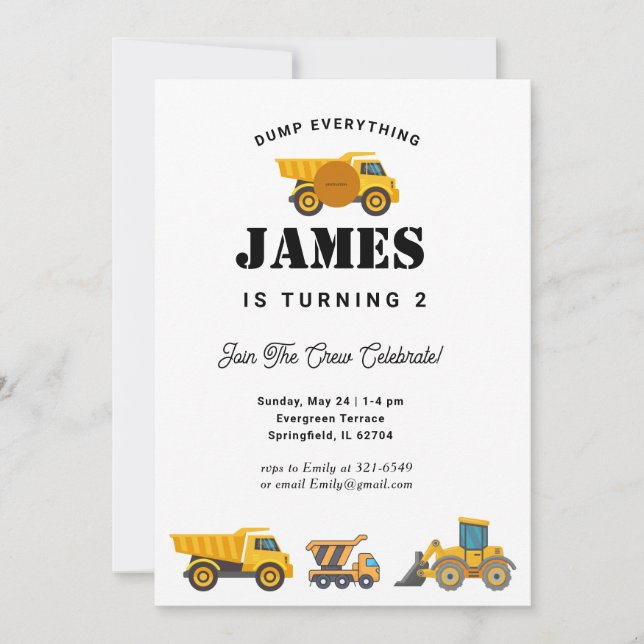 Invitation Fête d'anniversaire du camion de construction (Devant)