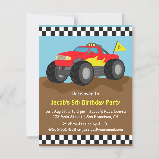 Invitation Fête d'anniversaire du camion monstre rouge (Devant)