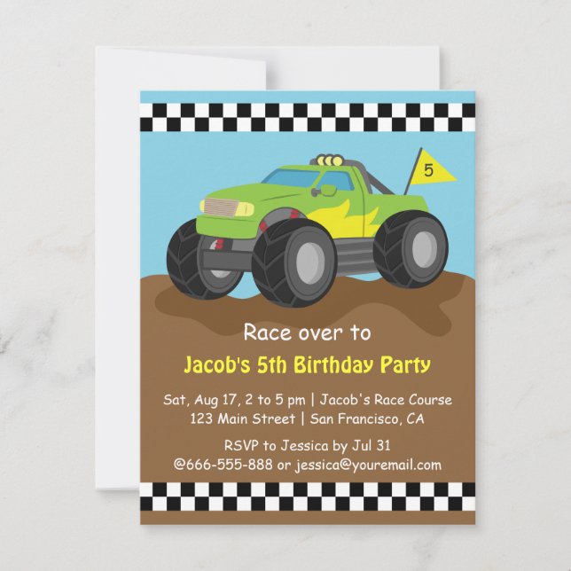 Invitation Fête d'anniversaire du camion monstre vert (Devant)