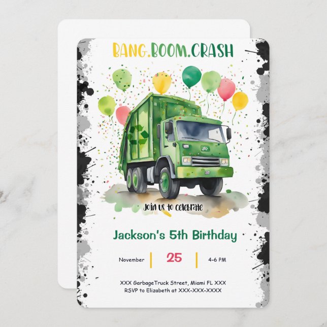 Invitation Fête d'anniversaire du camion-poubelle (Devant / Derrière)