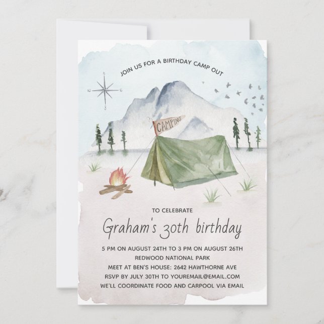 Invitation Fête d'anniversaire du camping Vintage en aquarell (Devant)