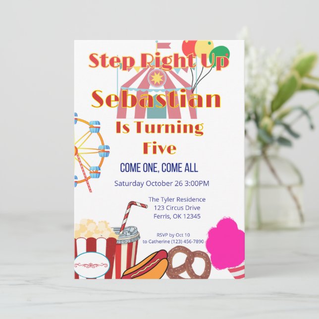 Invitation Fête d'anniversaire du Carnaval avec tente et snac (Debout devant)