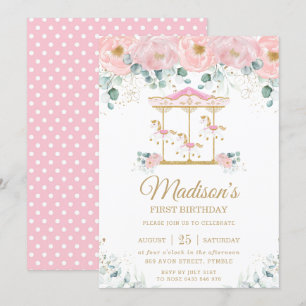 Invitation Fête d'anniversaire du Carousel floral rose géant