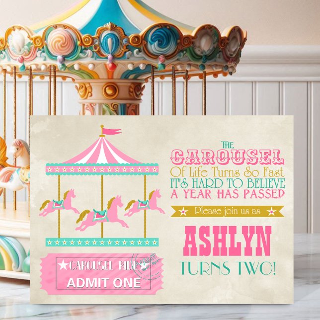 Invitation Fête d'anniversaire du carrousel (Carousel, the perfect invite for a young child that is growing quickly, front view.)