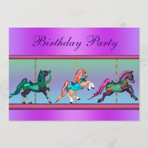 Invitation Fête d'anniversaire du carrousel rose et pourpre