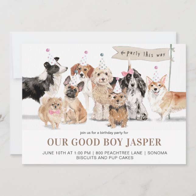 Invitation Fête d'anniversaire du chien d'aquarelle (Devant)
