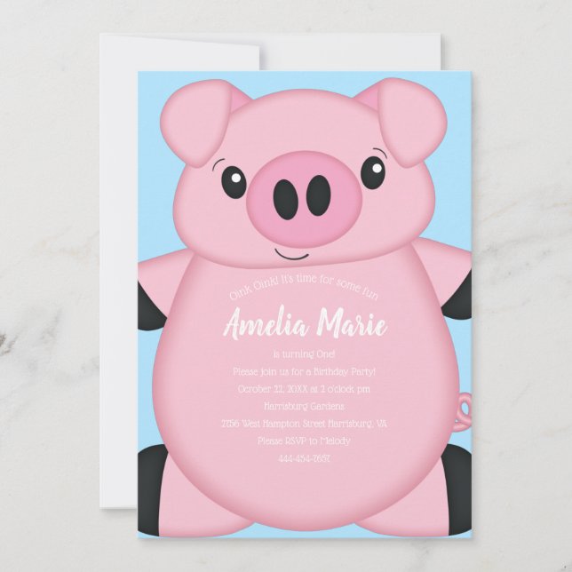 Invitation Fête d'anniversaire du cochon bleu (Devant)