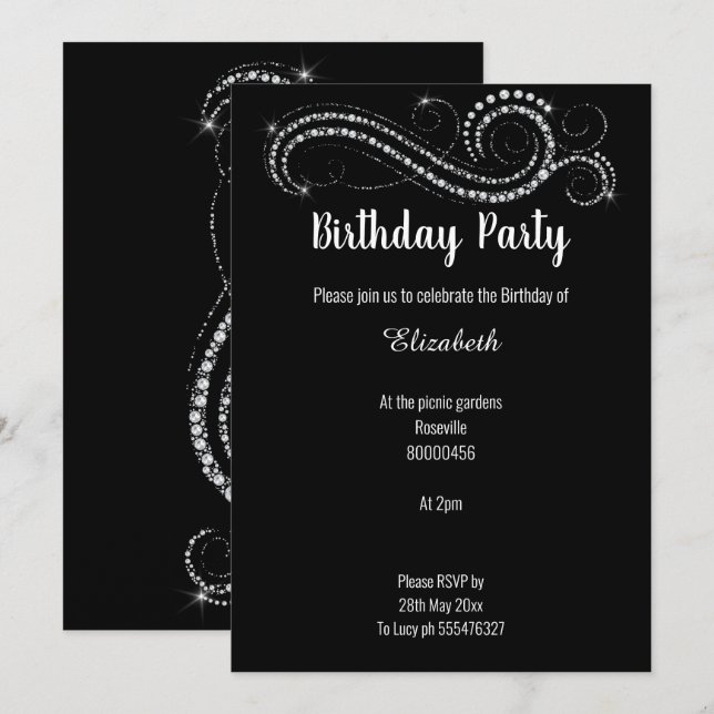 INVITATION FÊTE D'ANNIVERSAIRE DU DIAMANT NOIR ÉLÉGANT ET CLA (Devant / Derrière)
