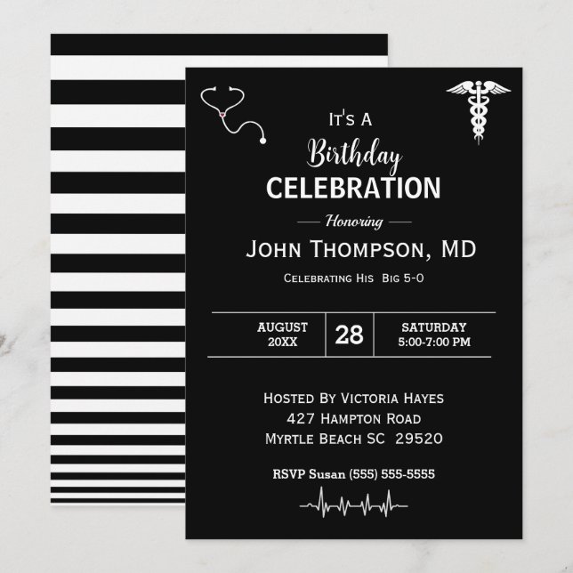 Invitation Fête d'anniversaire du Docteur élégant Noir et Bla (Devant / Derrière)