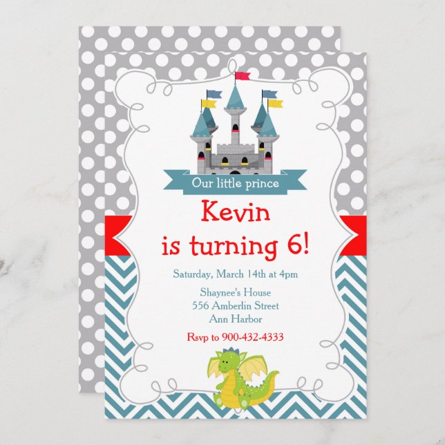 Invitation Fête d'anniversaire du dragon et du château (Devant / Derrière)