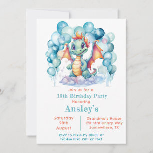Invitation Fête d'anniversaire du dragon turquoise et de l'ar