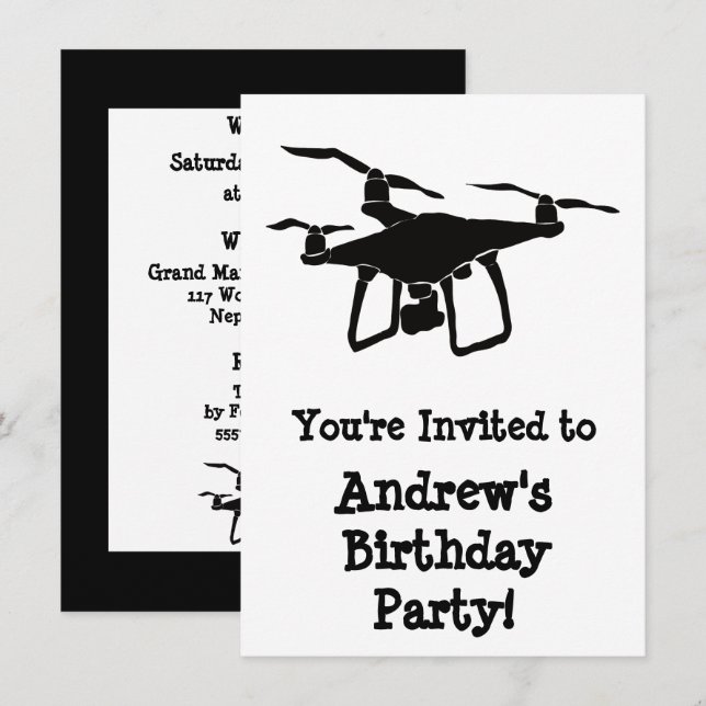 Invitation Fête d'anniversaire du drone noir et blanc (Devant / Derrière)