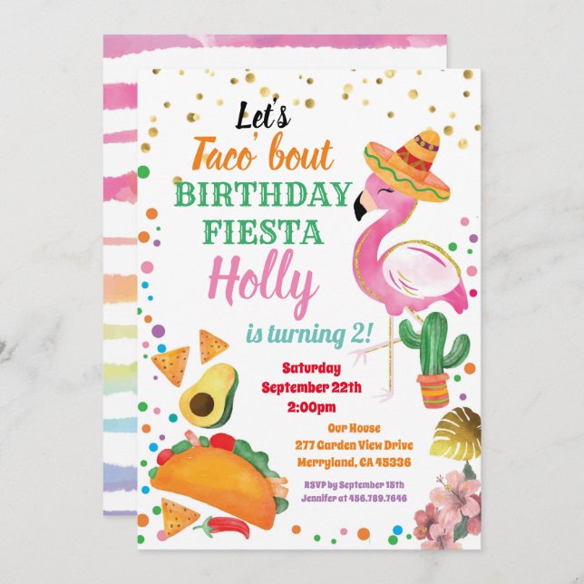 Invitation Fête d'anniversaire du Flamant rose Taco (Devant / Derrière)