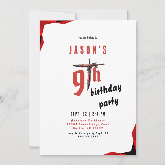 Invitation Fête d'anniversaire du garçon à l'épée rouge  (Devant)