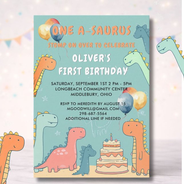 Invitation Fête d'anniversaire du garçon Dinosaur One-A-Sauru (Créateur téléchargé)