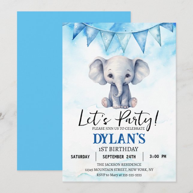 Invitation Fête d'anniversaire du garçon Elephant (Devant / Derrière)