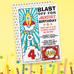 Invitation Fête d'anniversaire du garçon Fusées Space Ship Bl<br><div class="desc">Faites une fête d'anniversaire avec cette amusante bande dessinée inspiré de l'invitation de fête d'anniversaire avec un bateau-fusée qui explose dans l'espace. Ajoutez le nom de votre enfant, l'année d'anniversaire et tous les détails de la fête. Parfait pour tous les âges et quelqu'un qui aime l'espace, bandes dessinées, roquettes et...</div>