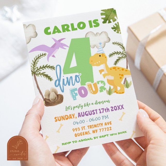 Invitation Fête d'anniversaire du garçon pastel dinosaure 4 a (Créateur téléchargé)