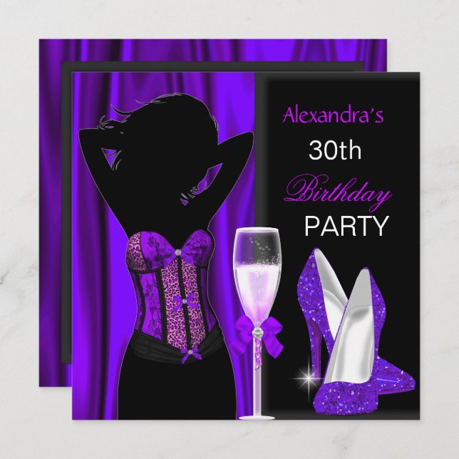 Invitation Fête d'anniversaire du léopard violet glamour (Devant / Derrière)
