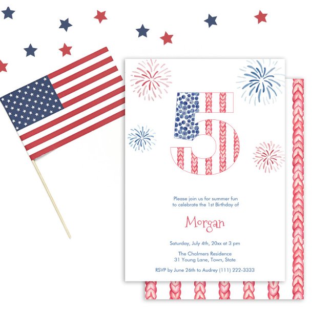 Invitation Fête d'anniversaire du Memorial Day pétard 5 ans (Summer fun red white and blue 5th birthday party invite featuring watercolor firework bursts)