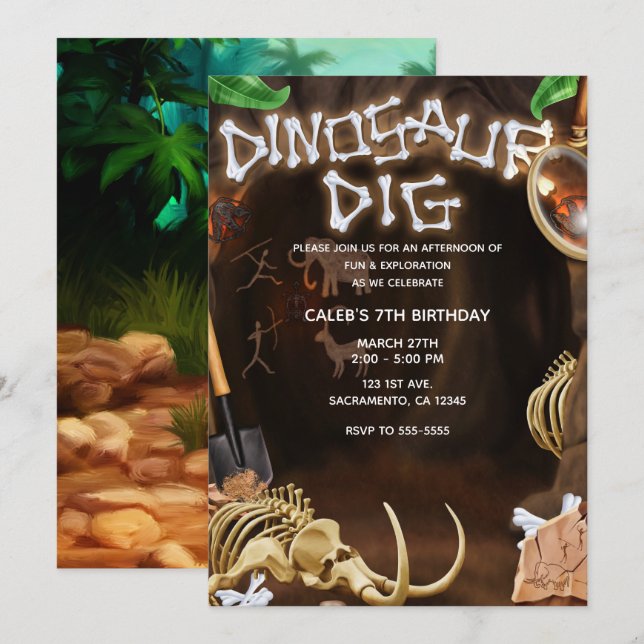 Invitation Fête d'anniversaire du mystère de la grotte des os (Devant / Derrière)