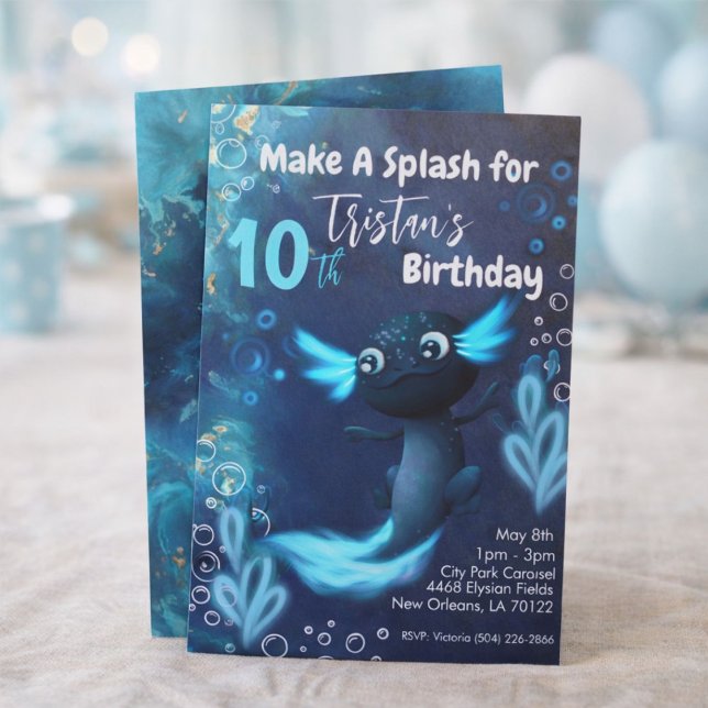Invitation Fête d'anniversaire du néon bleu foncé Axolotl (Créateur téléchargé)