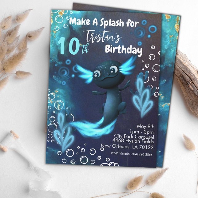 Invitation Fête d'anniversaire du néon bleu foncé Axolotl (Créateur téléchargé)