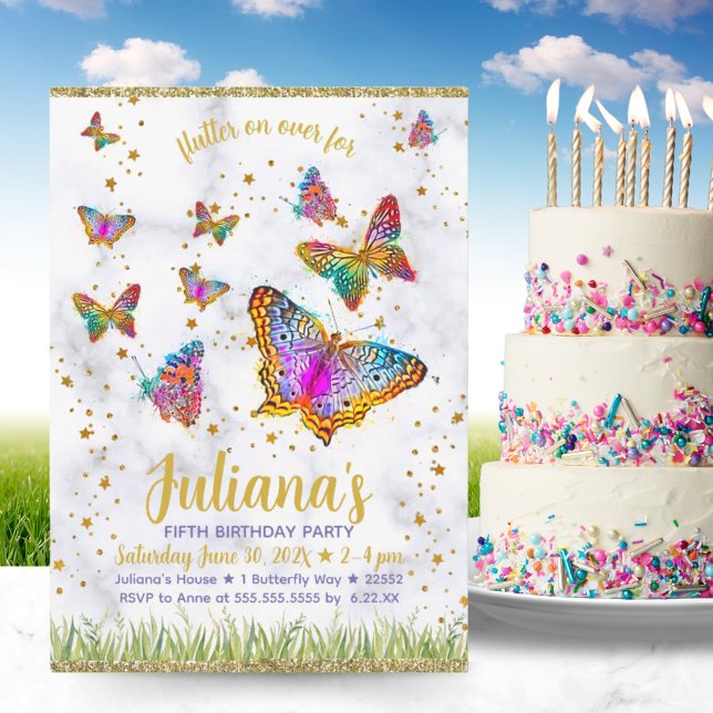 Invitation Fête d'anniversaire du papillon brillant coloré (Colorful Bright Butterfly Birthday Party Invitation)