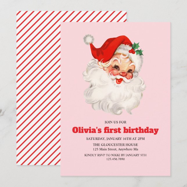 Invitation Fête d'anniversaire du Père Noël rose rétro (Devant / Derrière)