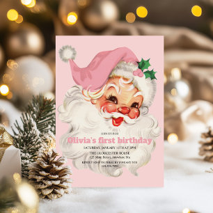 Invitation Fête d'anniversaire du Père Noël rose rétro
