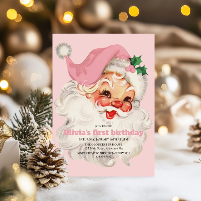 Invitation Fête d'anniversaire du Père Noël rose rétro (Créateur téléchargé)