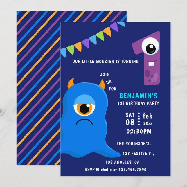 Invitation Fête d'anniversaire du petit garçon monstre 1 an (Devant / Derrière)