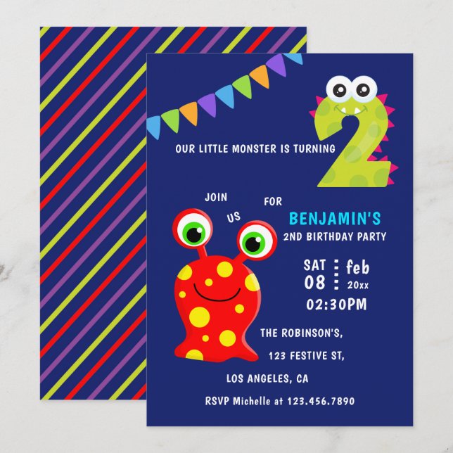 Invitation Fête d'anniversaire du petit garçon monstre 2 ans (Devant / Derrière)