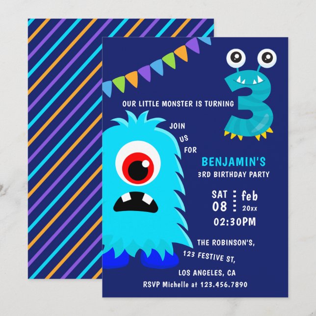 Invitation Fête d'anniversaire du petit garçon monstre 3 ans (Devant / Derrière)